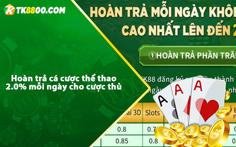 Khuyến Mãi Thể Thao Tk88 - Hoàn trả mỗi ngày không giới hạn 6 Hoàn trả cá cược thể thao 2.0% mỗi ngày cho cược thủ
